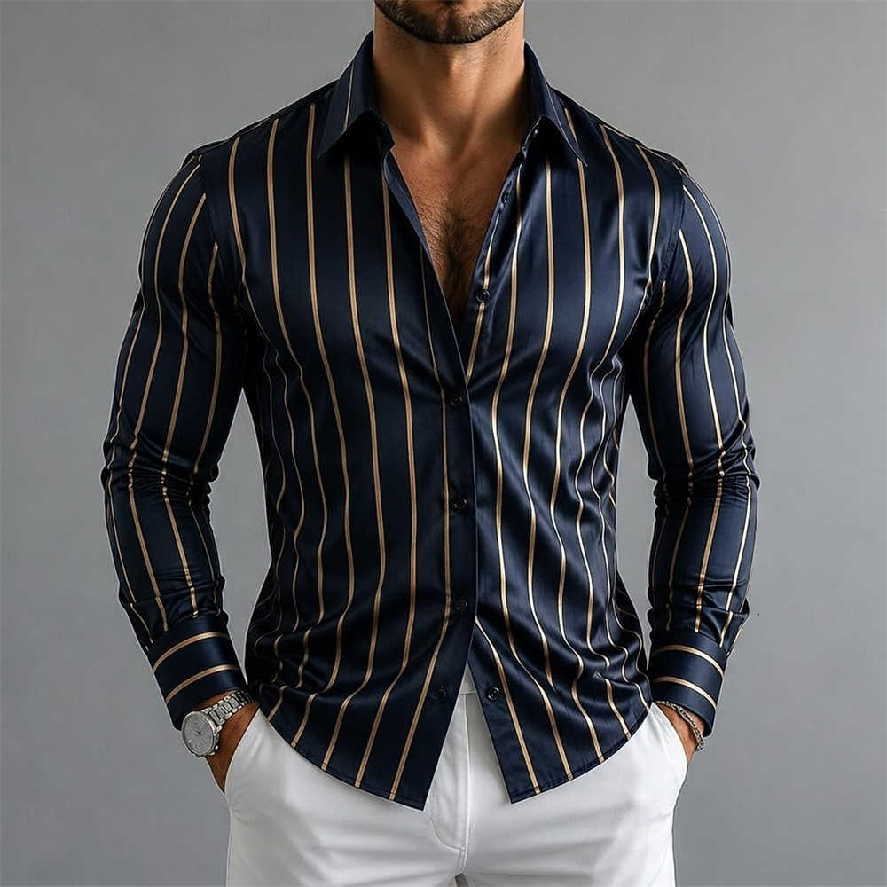 long Men's Casual Shirts Men's sleeved satin shirt comfortable glossy striped shirt XS-6XL Four season high-quality long sleeved shirt H26