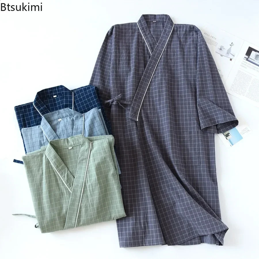 2026 Japanese Kimono Pajama Robe for Men 100% Cotton Plaid Nightgown Lace Up Long Robes Men Bathrobe Robe Home Service Sleepwear 260920