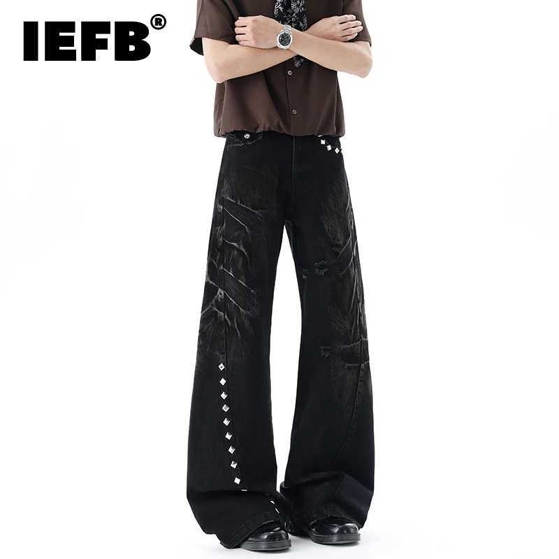 IEFB Edgy Men's Rivet Detail Jeans Washed Distressed Wide Leg Baggy Fit Streetwear Casual Premium Denim Pants 9X3060 S2609219VIK