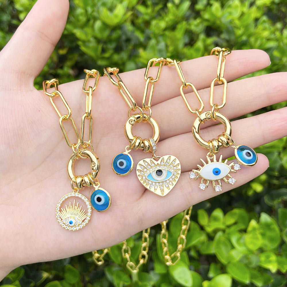 Real Gold Plated Enamel Heart And Devil's Eye Pendant Necklace
