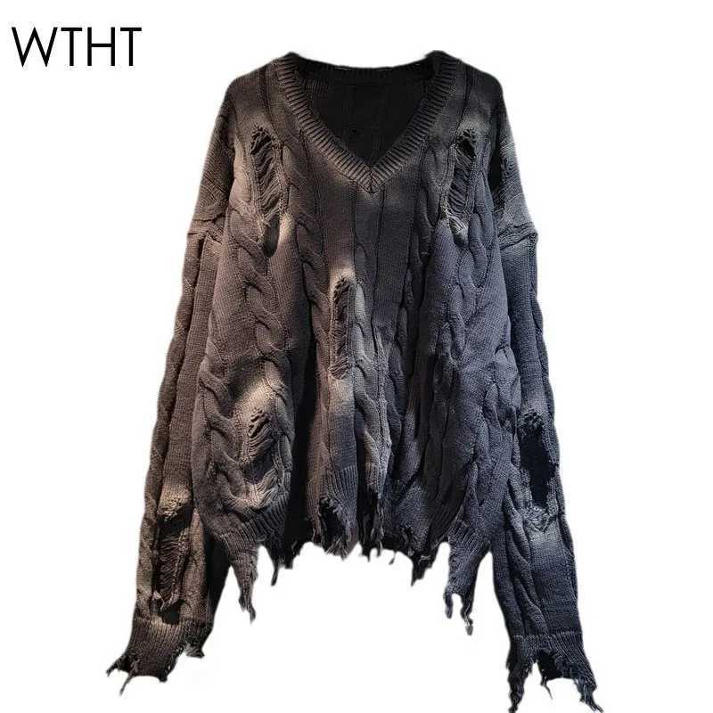 WTHT Vintage Gradient Irregular Hole Knitted Sweater For Women 2024 Winter O-neck Long Sleeves Pullovers Female Fashion 1LS381 S260921C4QO