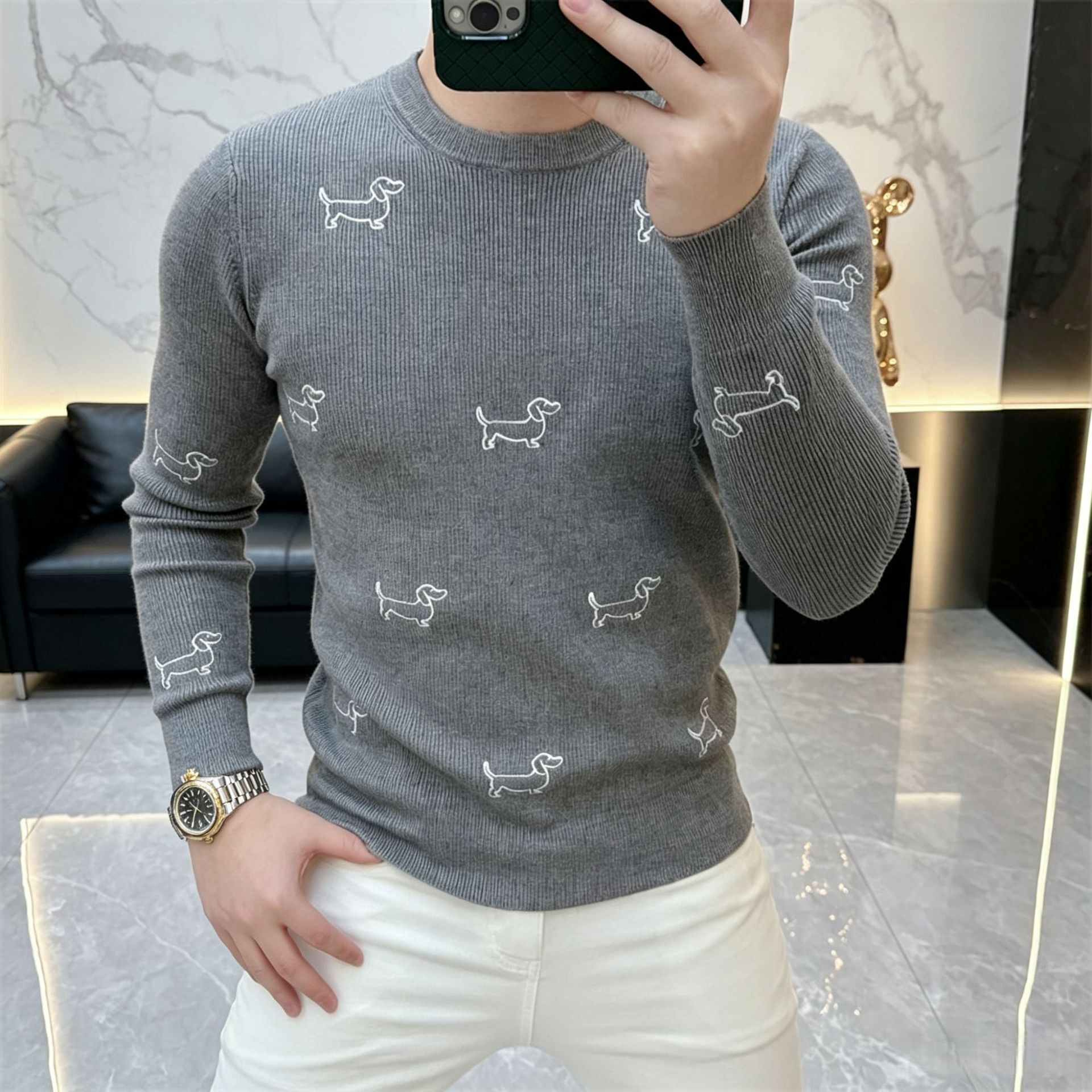 Luxurious Designer Embroidered Sweater For Men In Fall And Winter, Featuring A Round Neckline And Stretchy Design. Made By A Skilled Artisan, It Is