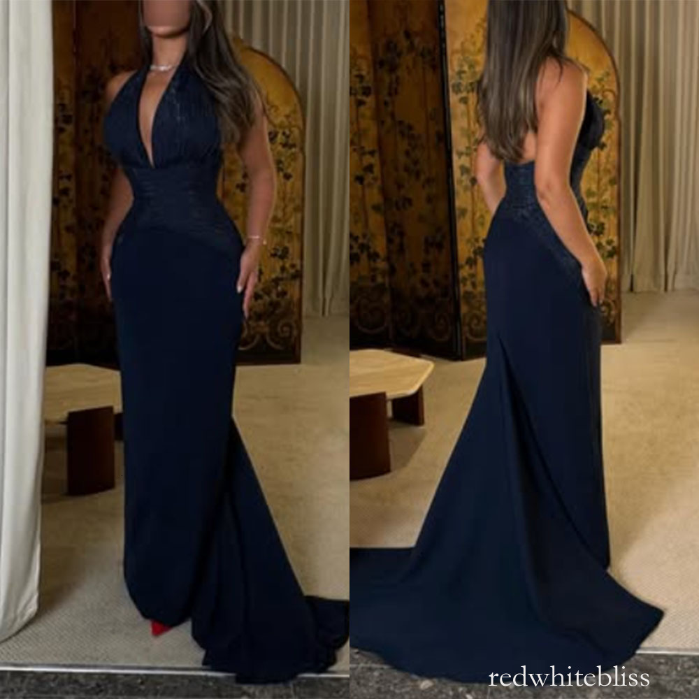 Elegant Sheath Navy Blue Halter Evening Dresses Plunging V Neck Beads Appliques Floor Length Formal Prom Party Dress Customized