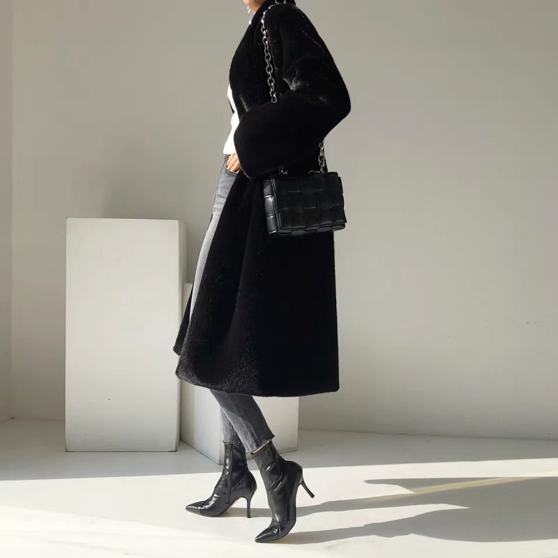 New Elegant Women Mid Length Faux Mink Fur Coat Stand Collar Black Plush Jacket Winter Style Soft Fluffy Warm Outerwear For Daily Wear And Evening P