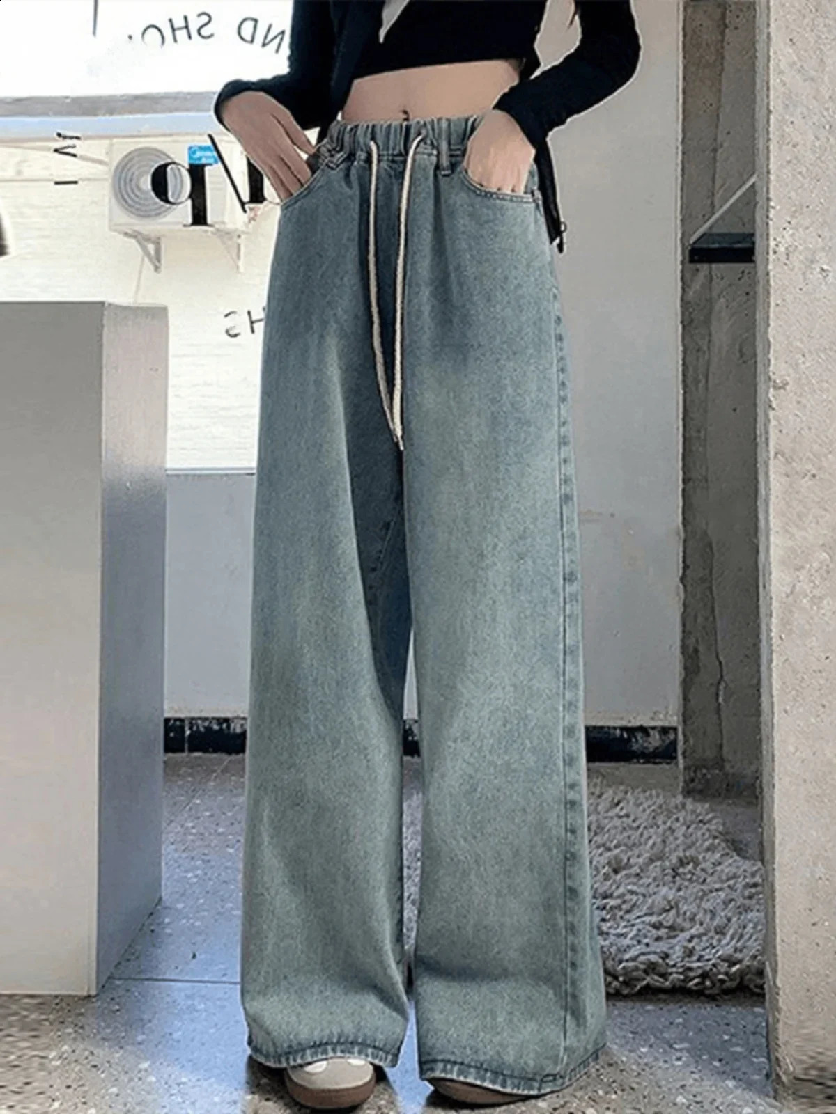 Botvotee Elastic Waist High Waist Wide Leg Jeans for Women Loose Straight Blue Long Denim Pants Female Fashion Streetwear Jeans 260921