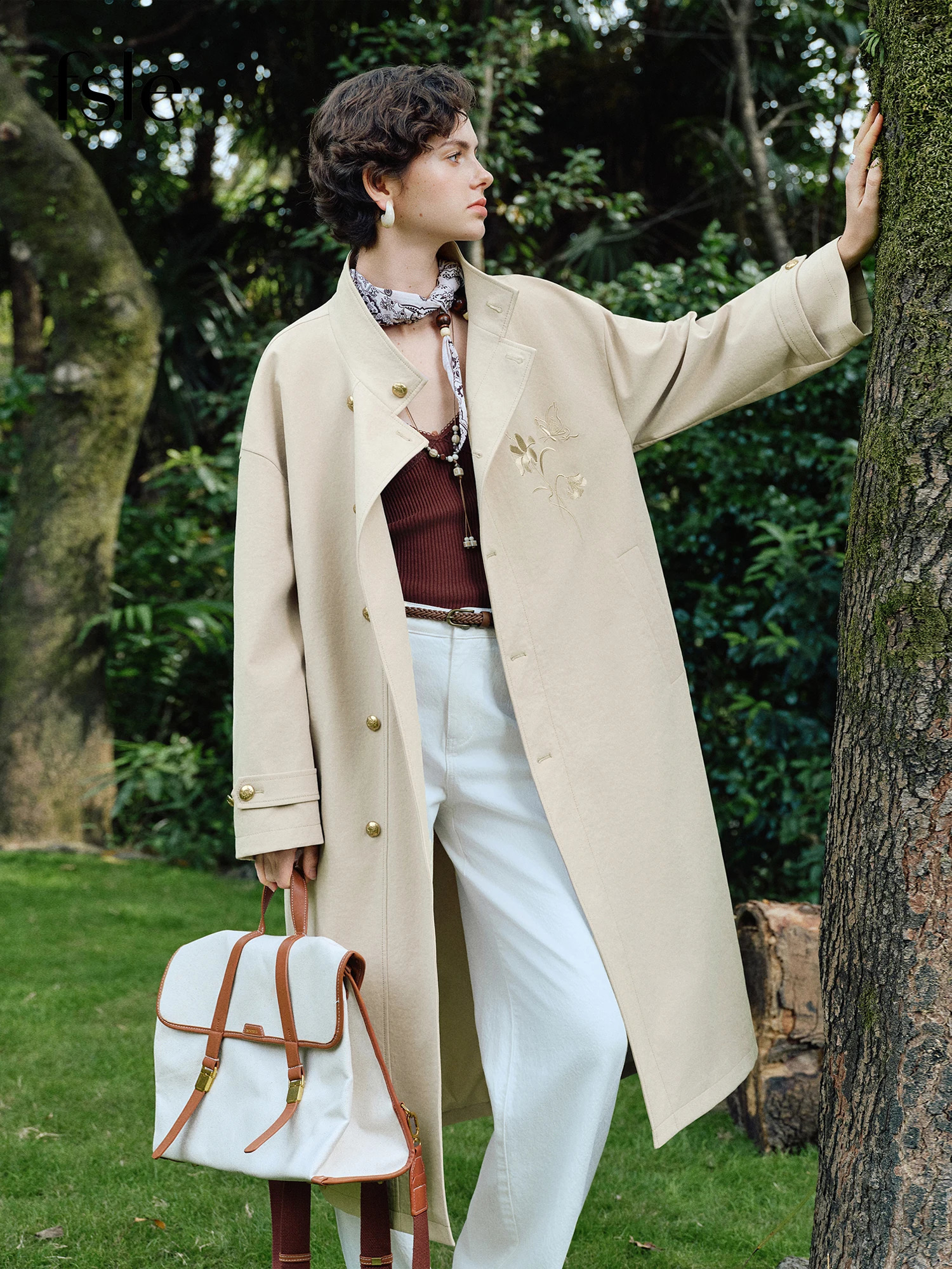 FSLE Chinese-style Embroidered Classic Stand-up Collar Trench Coat for Women Spring 2026 Long Khaki Coat Commuting 260921