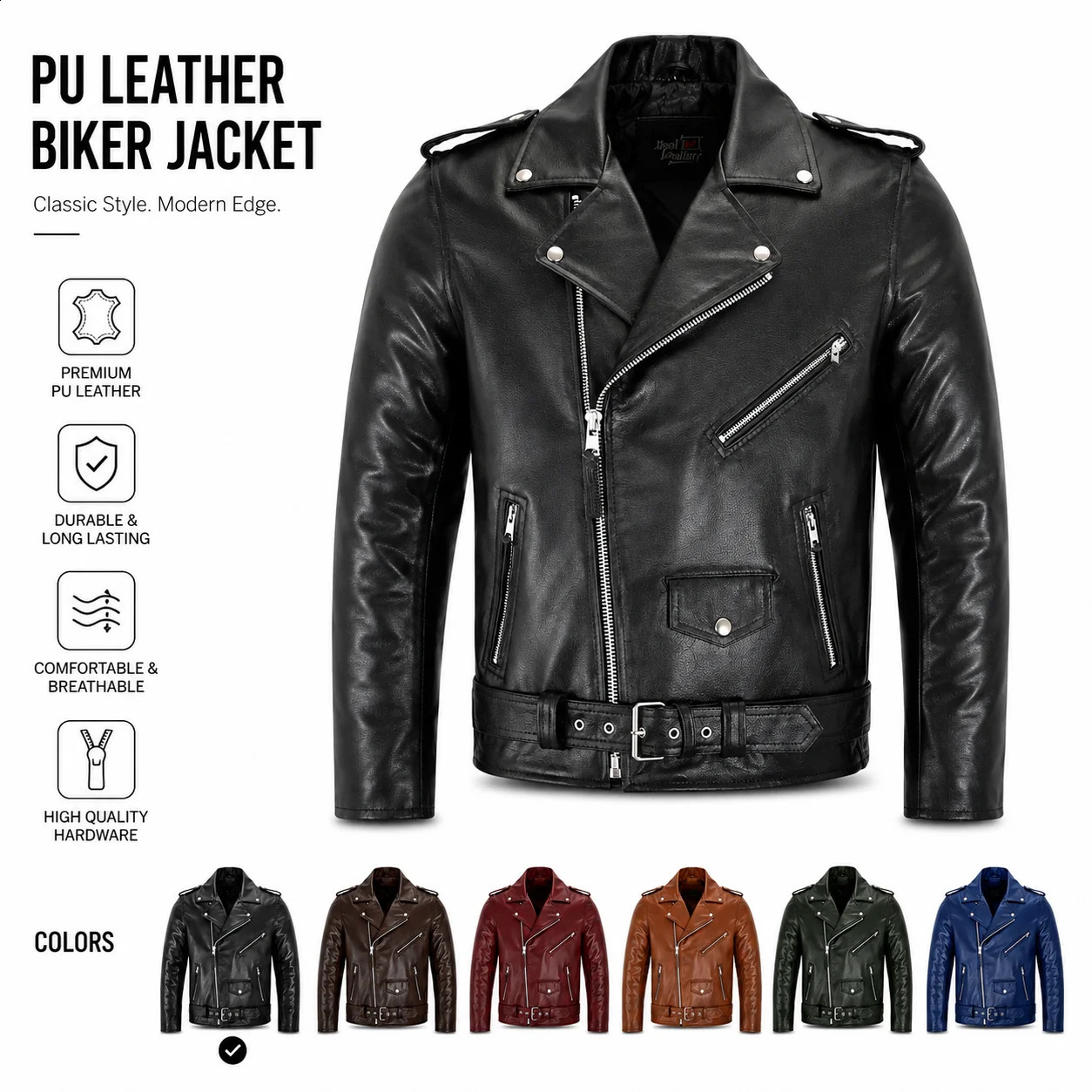 Men's PU Leather Motorcycle Jacket Classic Biker Leather Jacket Zipper Punk Jacket Slim Fit Motorcycle Outerwear Jackets for Men 260920