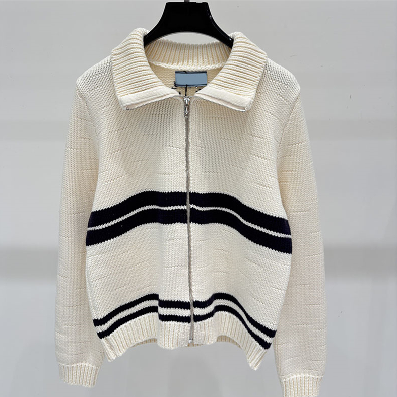Athleisure Striped Knit Jacket For Women Street Style Textural Lapel Collar Zipper Up Relax Outwear Autumn Winter Casual Workout Commute Knit Cardig