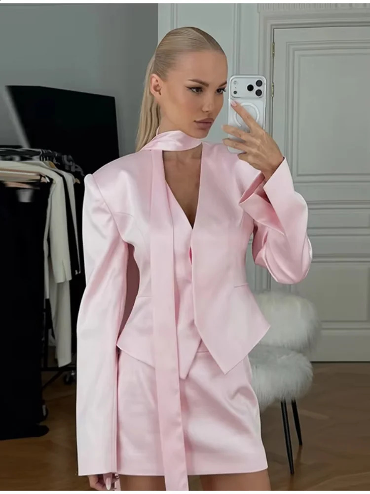 Women Solid Cropped Satin Blazer Skirt Set V-neck Necktie Detail Mini Skirt Elegant Formal Party Office Outfit 2 Piece Suits 260918