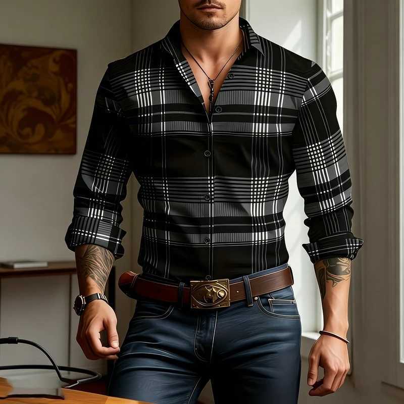Korean Shirts Men's Version Casual Men's Slim Fit Plaid Long Sleeved Shirt Versatile Black Plaid Lapel Button Casual Daily Men's Top