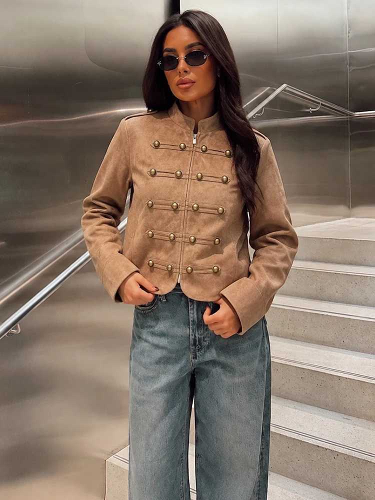 HH Vintage Military Style Faux Suede Jacket Women Autumn Winter Fashion Knot Button Long Slves Stand Collar Short Coat T260829