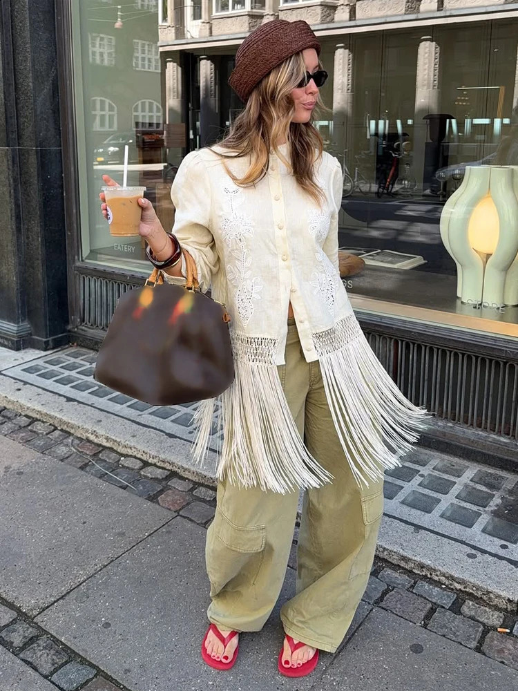 Women's Tassel Hem Vintage Tops Long Sleeved Single Breasted Button Out Stand Up Collar Coat Autumn Bohemian Street Daily Outfit 260920