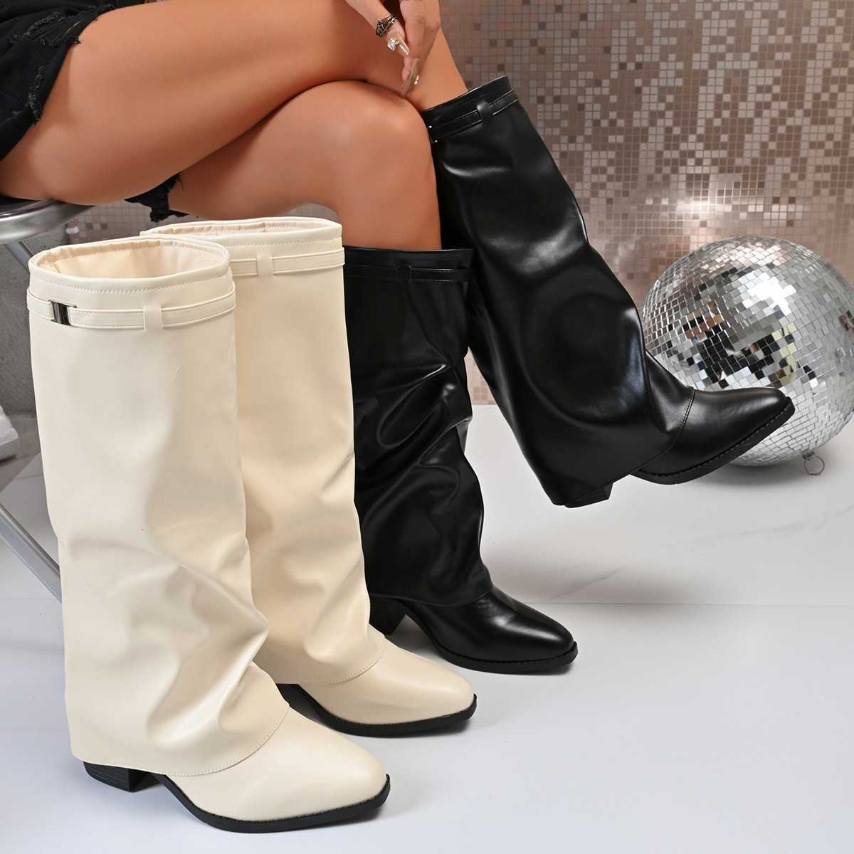 Booties Boots Heel Fashionable High Metal Detailing Women's Autumn Winter Knee High Boots British Style Pointed Toe Rubber Sole H260921