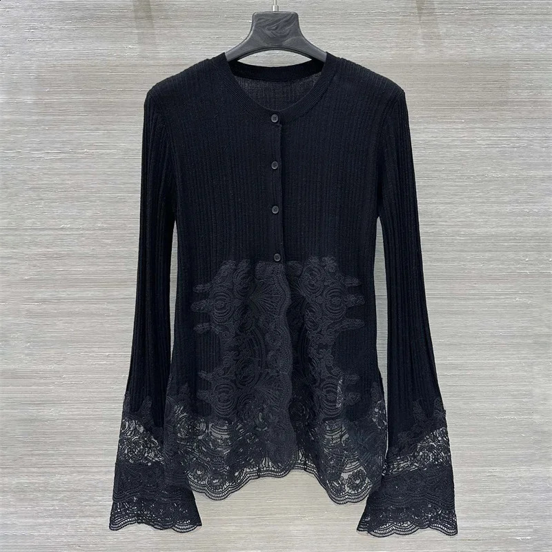 Cardigan woman lace patchwork long sleeved top for summer 2025 Elastic knitted slim fit thin coat wool blend Women's sweater 260915