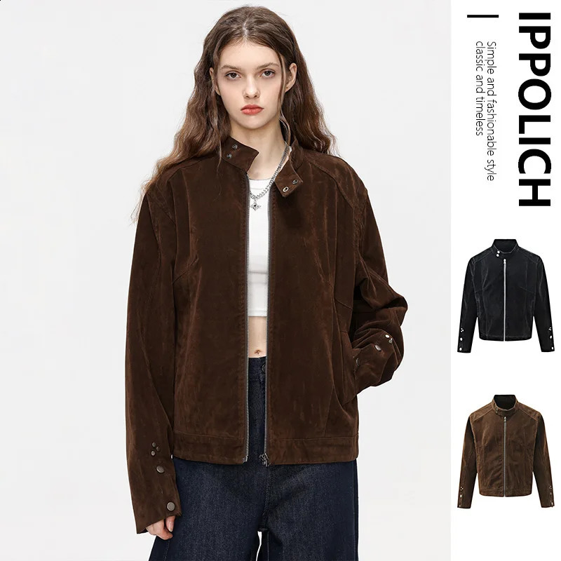 Retro American Suede Jacket Women Fashion Collar Coat Y2K Trendy Slim Fit Jackets Autumn HighEnd Feeling Cool Baseball 260920