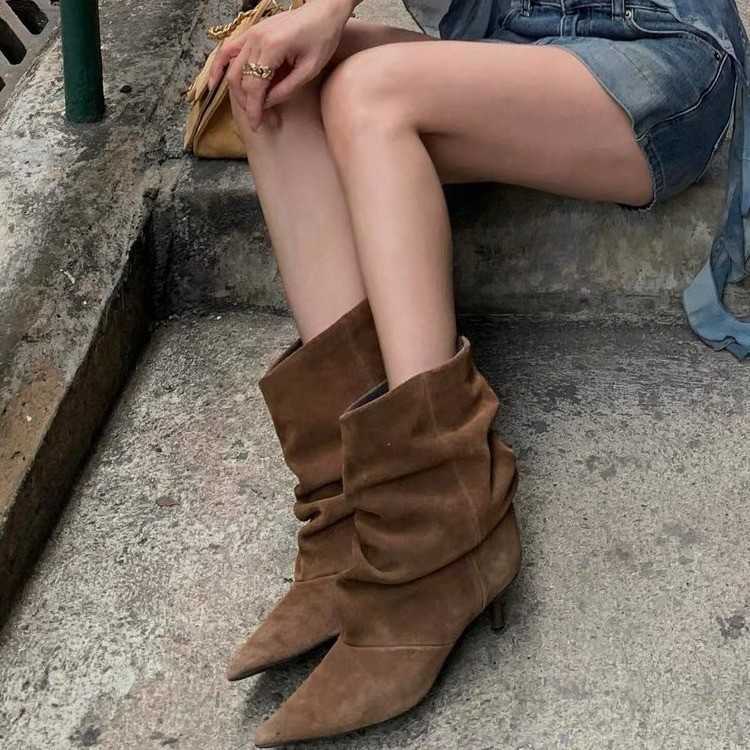 Plus-size autumn and winter pointed-toe suede stiletto heeled ankle boots ruffled western-style boots high-heeled mid-calf boots for women L26921