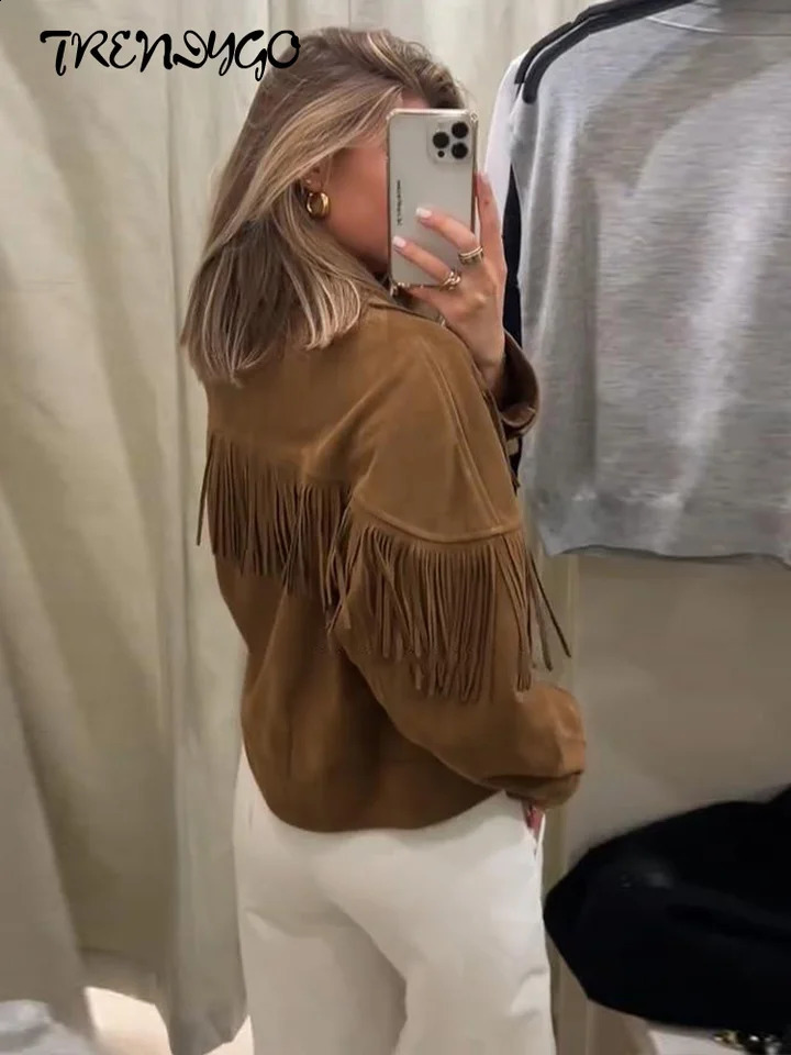 Women's Suede Jackets Oversized Lapel Tassels Single Breasted Cropped Coats Autumn Female Long Sleeve Loose Jacket Outerwear 260920