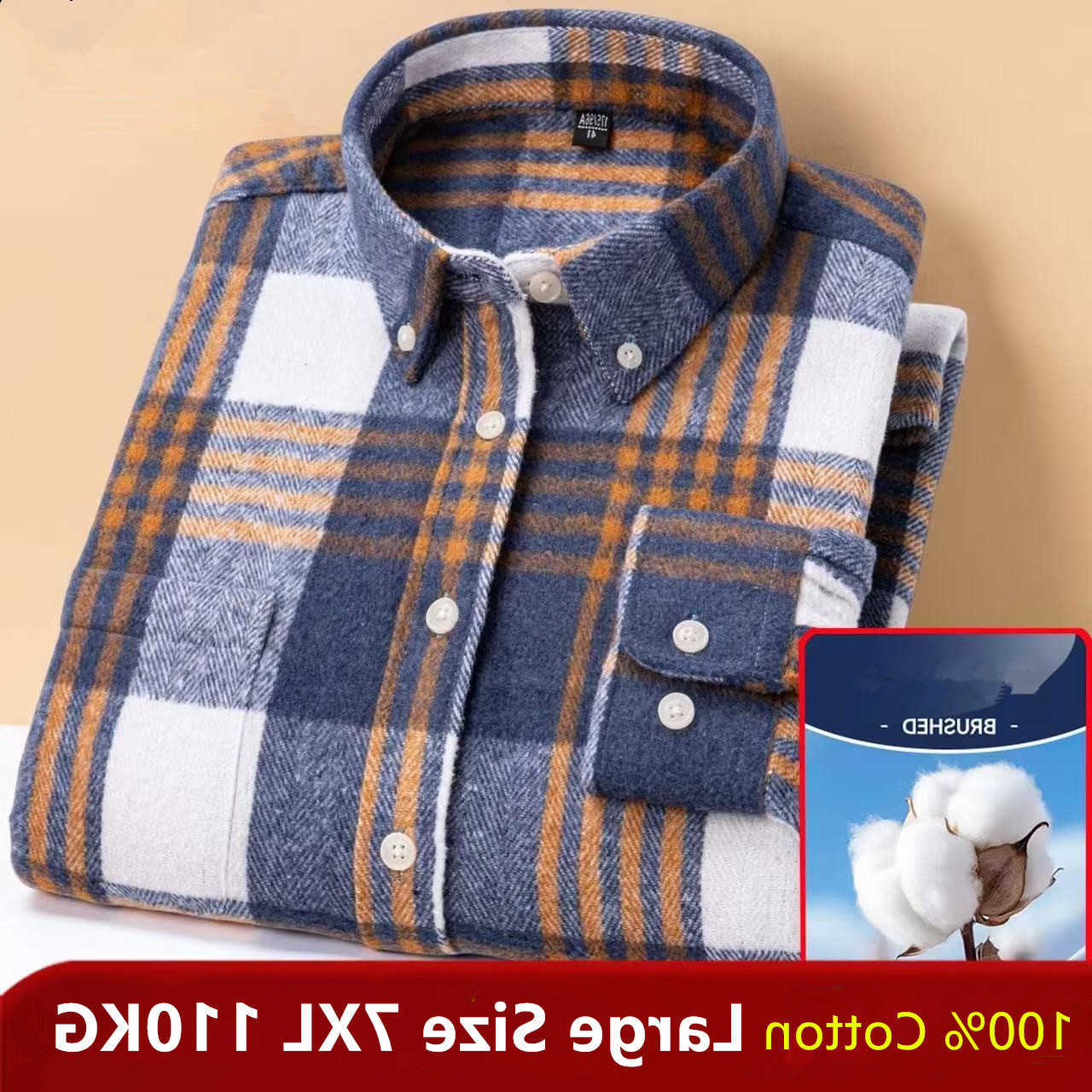 100% Men's Casual Cotton Shirts Flannel Plaid Shirt Casual Long Sleeve Retro Check Shirt Autumn Thicken Button Down Korean Style Plus Big Size