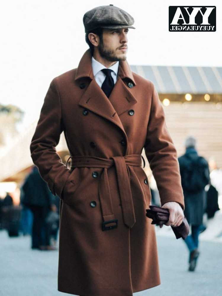 Wool Blends Autumn Winter Men's Business Casual Mens Woolen Coat Double Breasted Mid Length Overcoat Vintage Slim Fit Office Men Work Long Jack