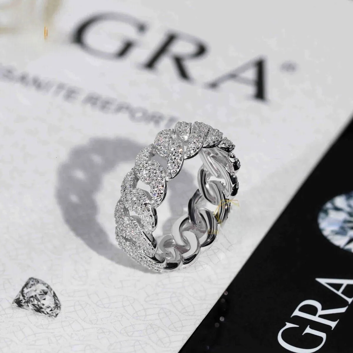 Designer Moissanites Ring Hip Hop Jewelry 2 Rows 7mm Wide Cuban Chain S925 Silver Moissanite Diamond Ice Out Rap Women's And Men's Ring