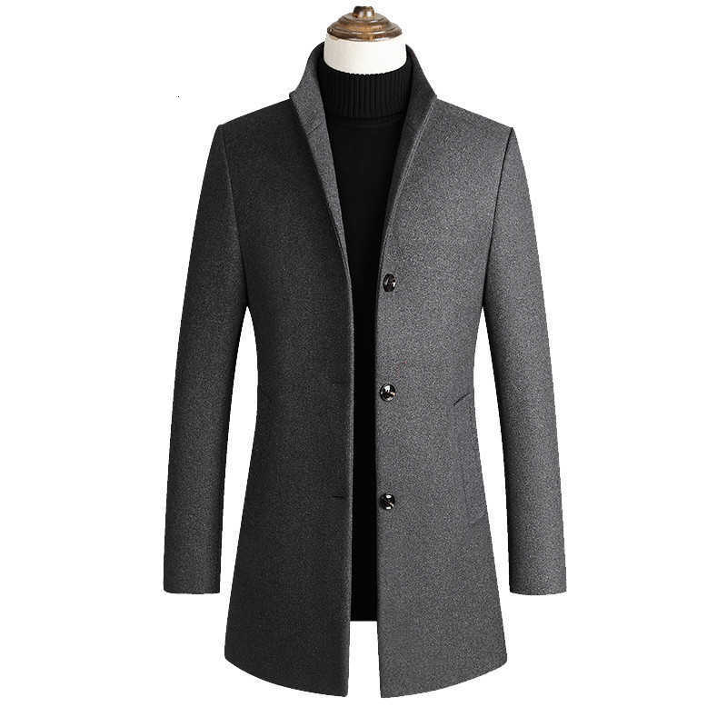 Winter Men's Wool Blends Autumn New Men Mid Length Single Row Button Stand Collar Woolen Trench Coat Simple Solid Color Business Casual Overcoa