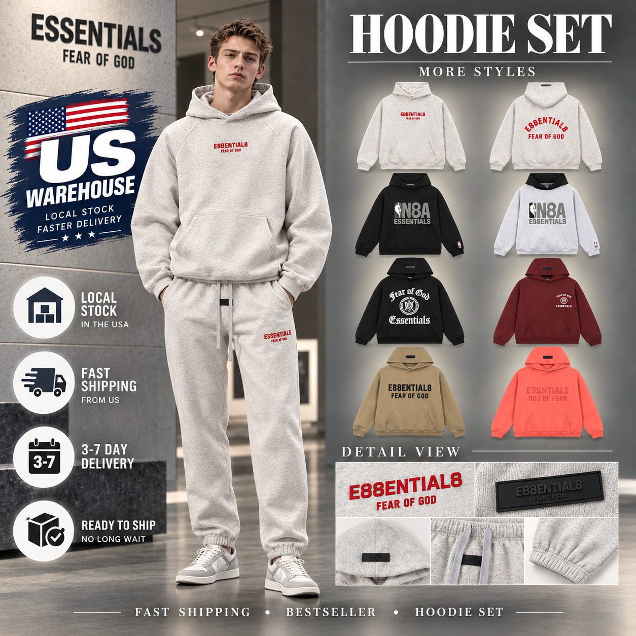 Mens Essentials Tracksuit Hoodie Sweatpants Set EssentialFe ar Ofgood Fleece Hooded Sweatshirt Jogger Pants Designer Streetwear Casual Matching Outf