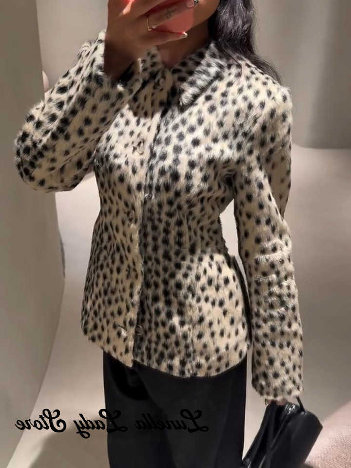 Furry Short Jacket Women's Leopard Print Lapel Collar Button Sli Waist Stylish Coat 2026 Autun Winter Street Ladies Outerwears D260921
