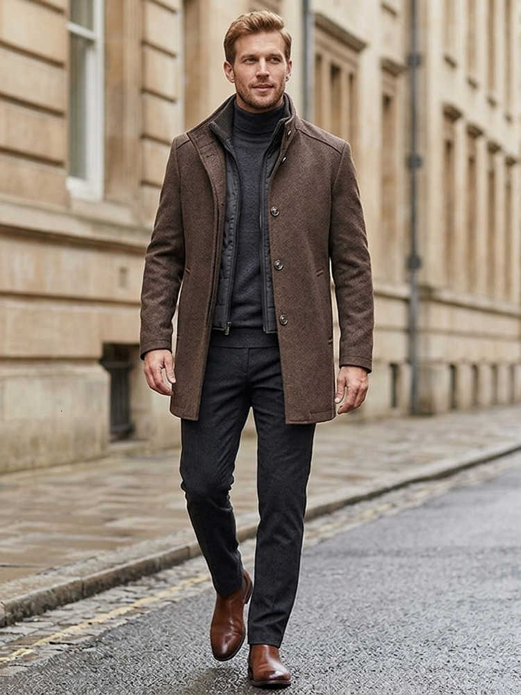 Men Blends Men's Winter Wool Wool Coat WindbreAKer Thick Wool Jacket Stand Collar Single Breasted Inner Warm Overcoat Abrigo Hombre D260921