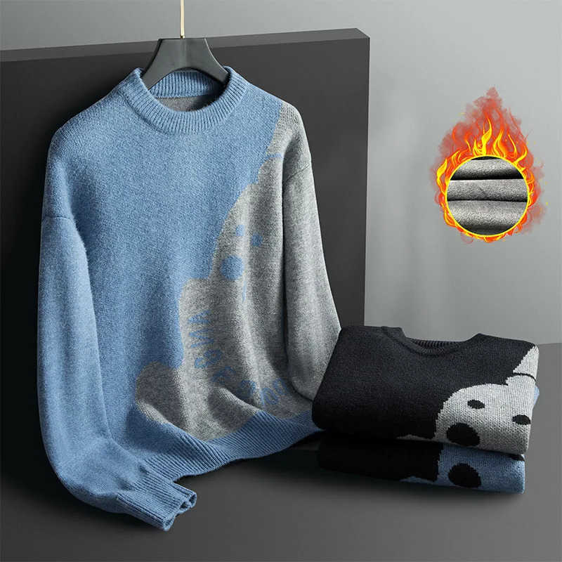 Bear Trendy Print Flce Lined Loose Fit Men's Knitwear Casual Styor Block Design Autumn Winter Sweater Korean Loose Style S260921K0IL