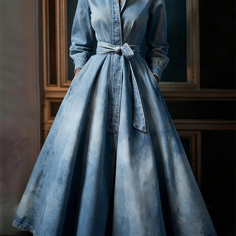 Elegant Light Blue Denim Maxi Dresses Solid Color Stand Collar Long Sleeve Pocket Pleated Belt Long Dress Party Evening Dress 260918