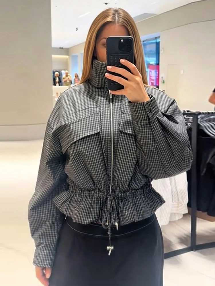 Jackets Women Cropped Plaid Women's Puffer Jacket Stand Collar Drawstring Waist Long Sleeve Big Pocket Zip Up Coat 2026 Autumn Chic Cotton Coat