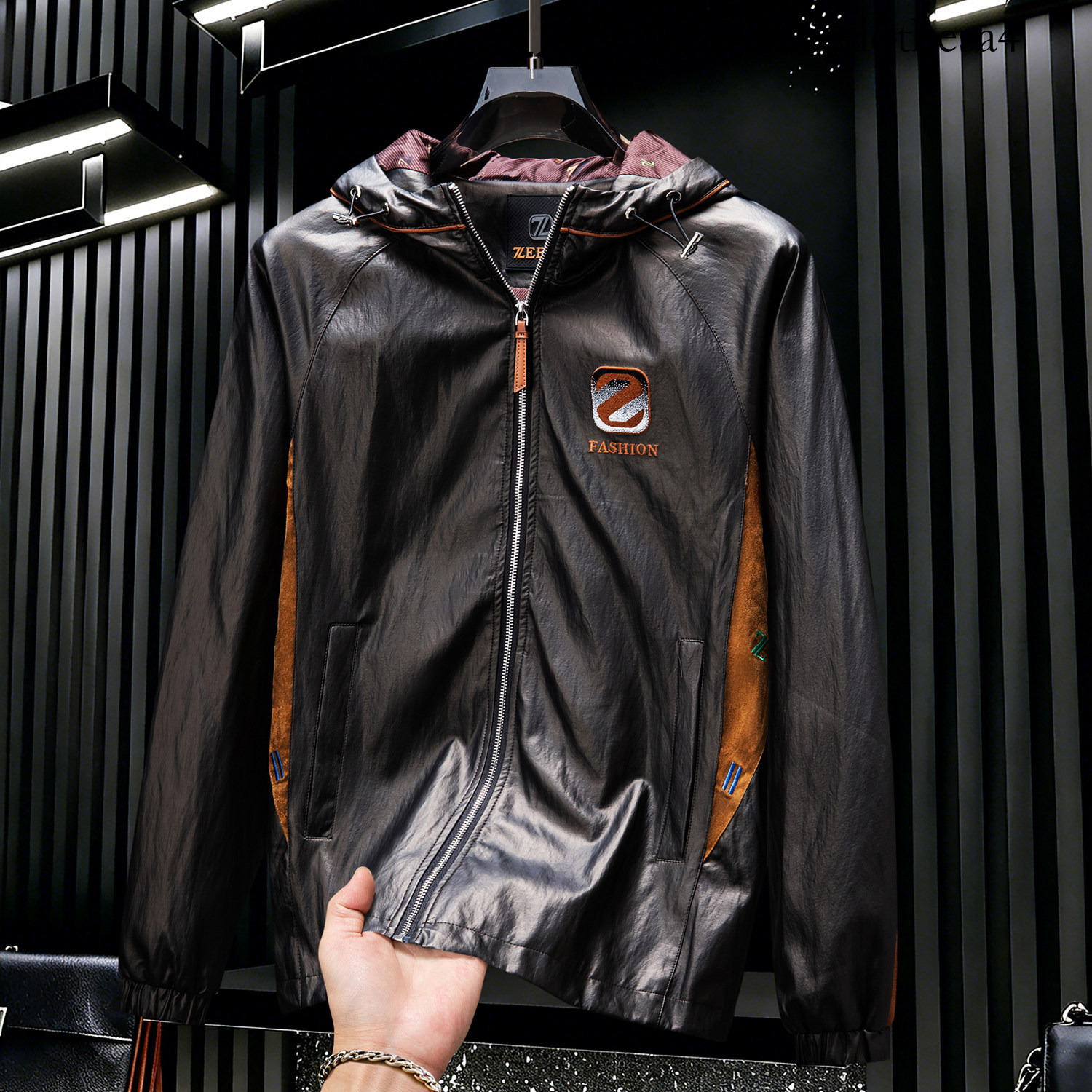 European Style 2026 Autumn New Trendy Hooded Leather Men's Zipper Casual Windproof Jacket