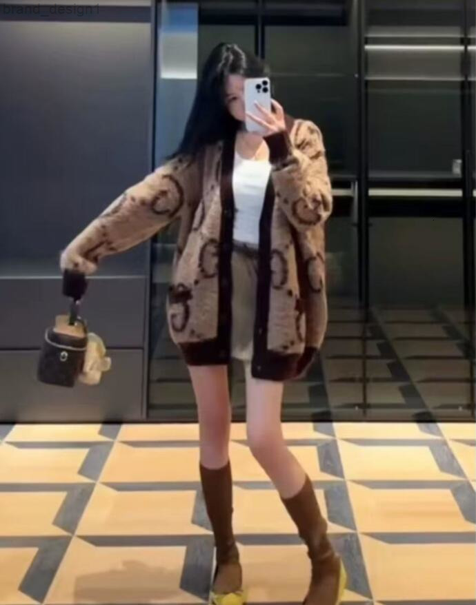 Luxury brand contrasting letter jacquard mohair women's sweater knitted cardigan medium long loose women's jacket top