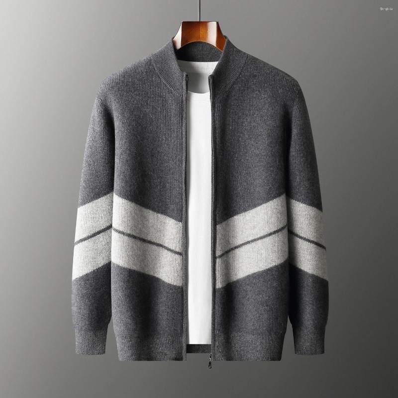 Men's Merino Wool Sweater Autumn Winter Thick Half High Neck Zipper Cardigan Casual Color Block Knitted Coat