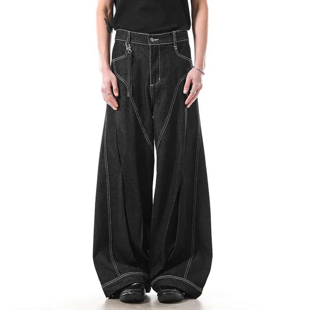 Men's Solid Color Scimitar Wide-Leg Jeans American Retro Fashion Trend Street Hip-Hop Loose Breathable Niche Summer Men's Bottom S260921GC