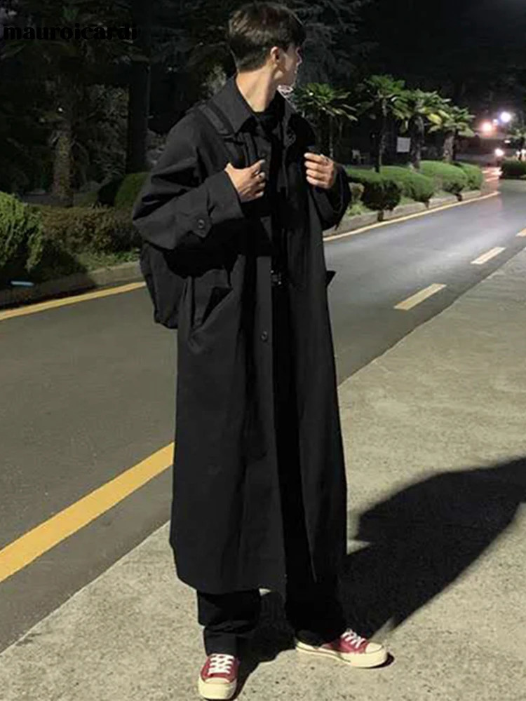 Mauroicardi Spring Autumn Long Oversized Black Khaki Trench Coat Men Raglan Sleeve Single Breasted Loose Casual Korean Fashion 260921