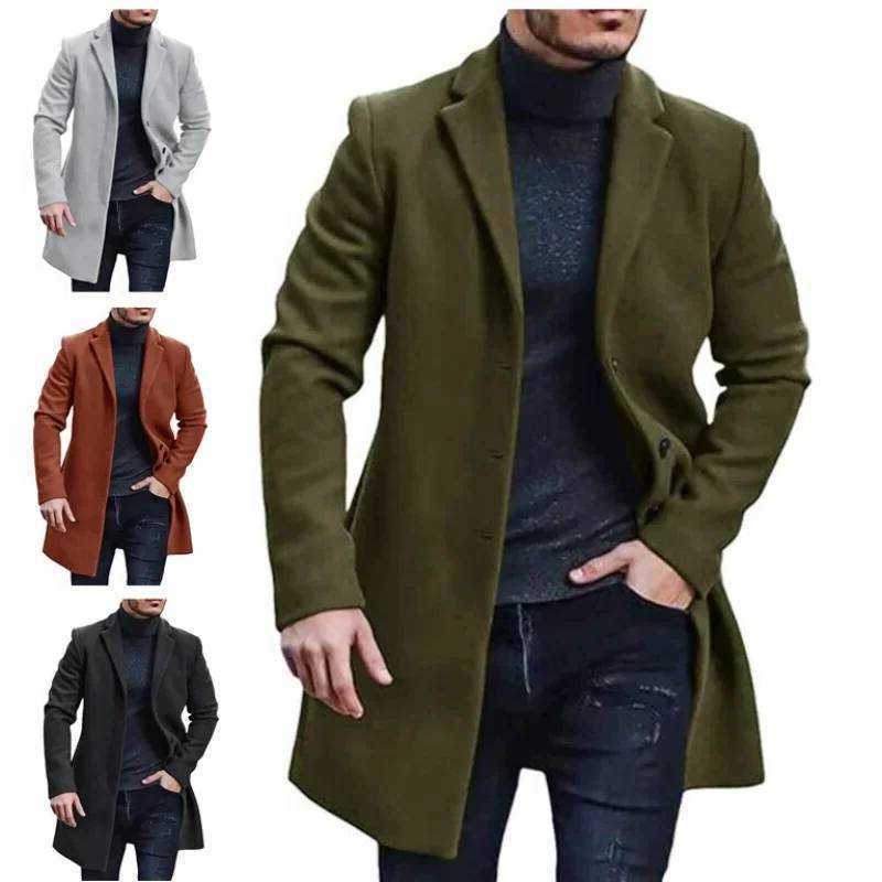 New Men's Wool Blends 2026 Men's Coat Woolen Overcoat Windbreaker Solid Color Trench Autumn And Winter Outerwear Cardigan Jaqueta Masculin