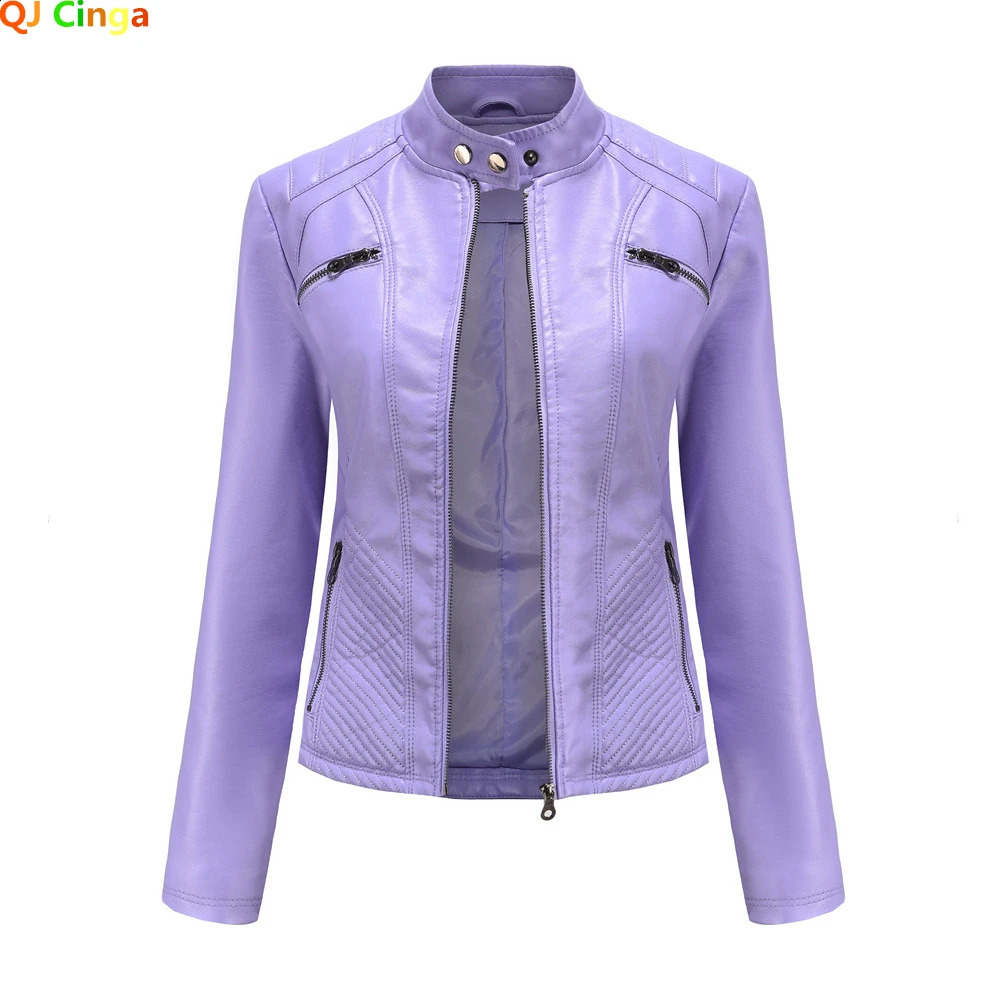 2026 Lavender Purple Womens Long Sleeve PU Jacket Fashion Motorcycle Leather Jackets Red Coat Black Outerwear 260921