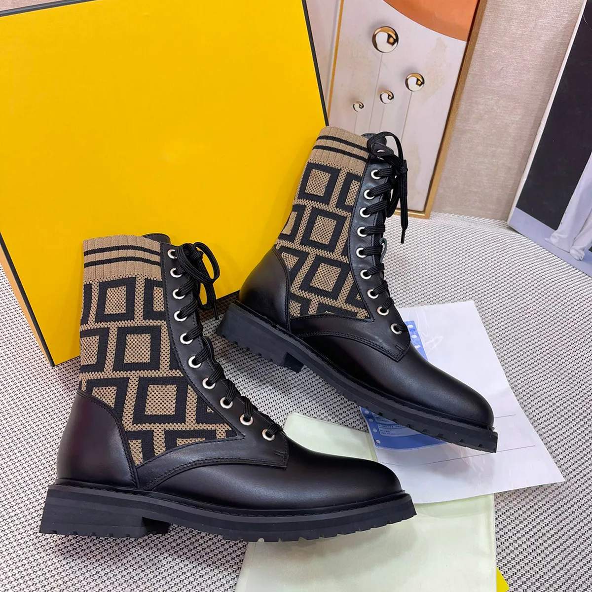 Knitted Patchwork Martin Boots For Women Autumn And Winter New Style Mid Length Lace Up Knitted Letters Elastic Short Thick Heel Slim Boots