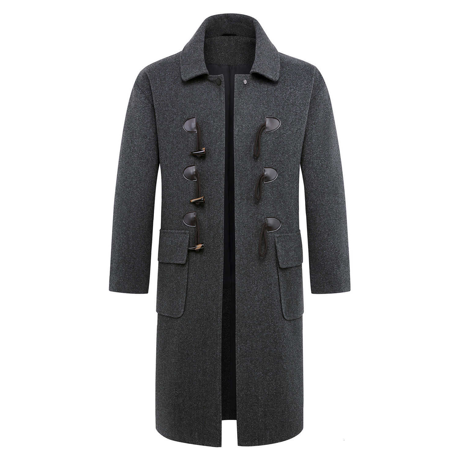 Wool Blends Autumn Winter Men's Mens Vintage Horn Button Woolen Coats Solid Color Smart Casual Turn Down Collar Trench Outerwear Men Fashion Co