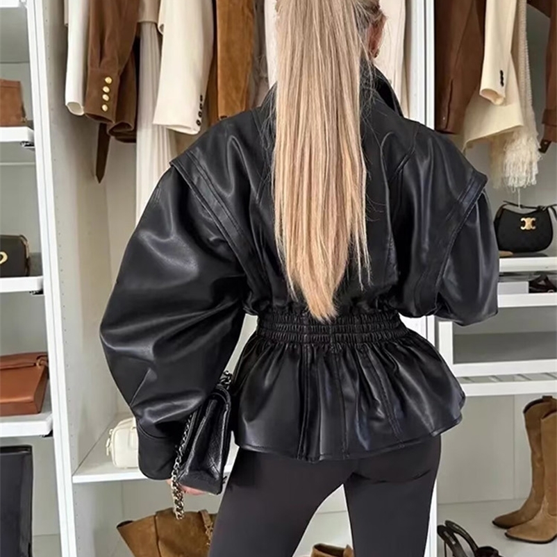 Turn-down Collar Women Winter Faux Leather Coats Autumn Zipper Slim Female Long Sleeve Elastic Waist Jacket Cool Girls Coat 260918