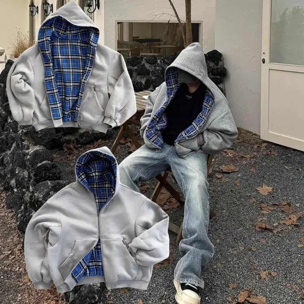 Spring Autumn Casual Oversized Double Plaid Zip Up Hoodies Womens Fashion Harajuku Y2K Simple Retro Sweatshirt 260921