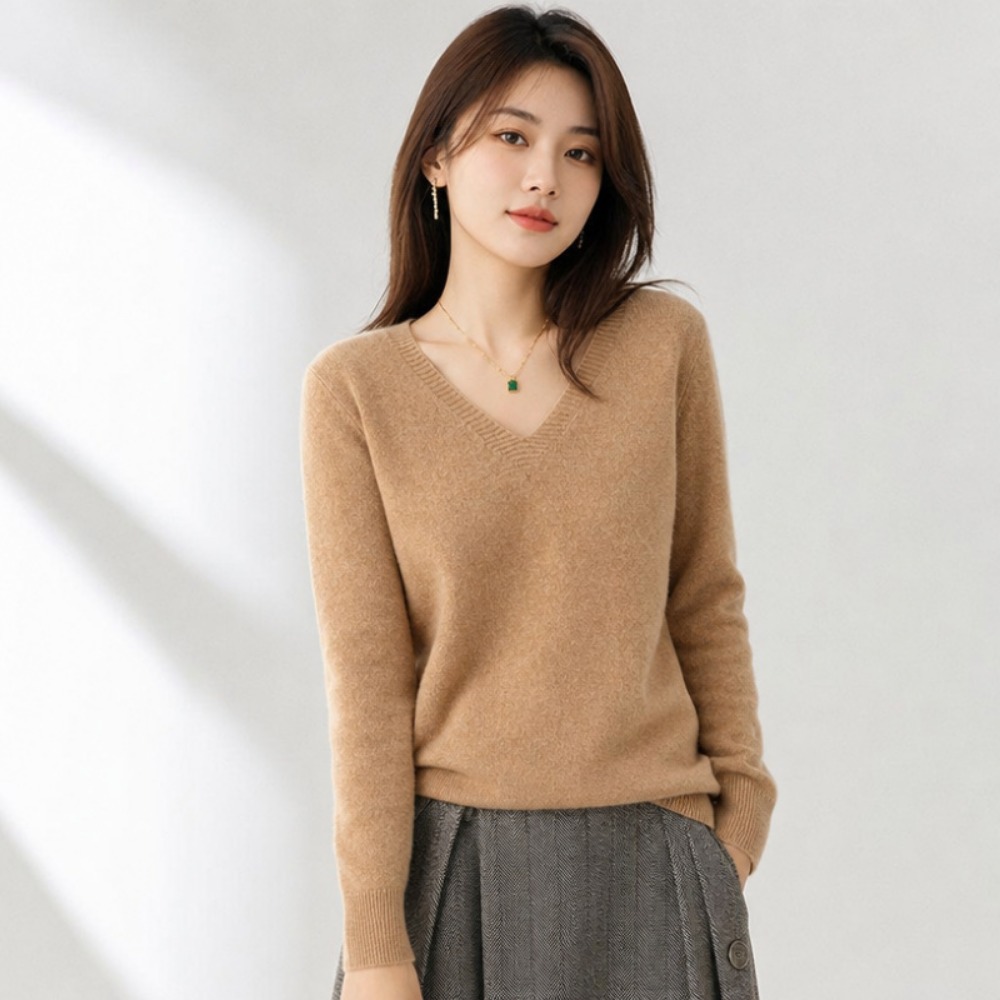 Plus Size Women V Neck Long Sleeve Knitted Pullover Autumn Casual Sweater Top
