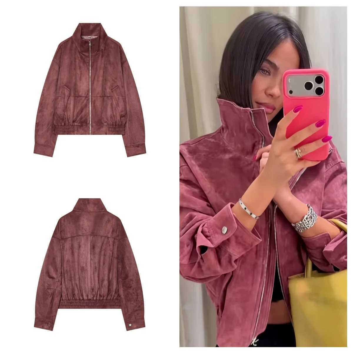 Jackets Guobioziy Retro Grey-Pink Women's Suede-Like Short Jacket Loose Stand Collar with Zipper Casual Street Style Women's Jacket C26092