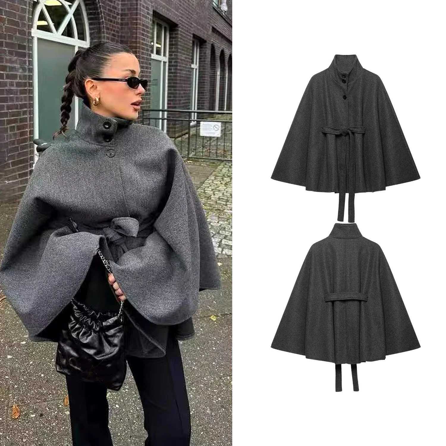 Gray Women's Jackets Woolen Women Cloak Jackets Autumn Winter Female Loose Stand Button Wide Sleeves With Belt Coats Female Chic Fashion Outwea
