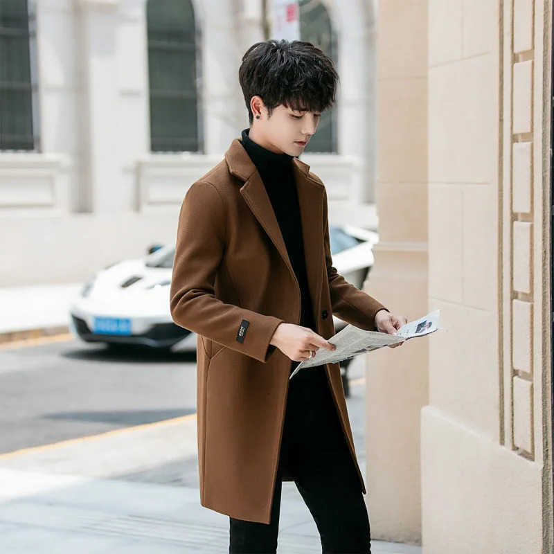 Casual Men's YASUGUOJI Wool Blends Solid Color Men Coat Winter Long Slim Fit Mens Overcoat Polyester Coat Men Abrigos Hombre Invierno Hombre D2