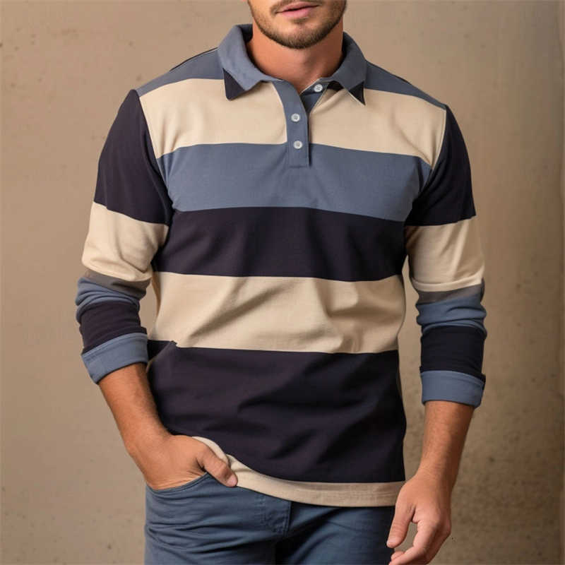 Casual Shirts Casual Striped Men's Graphic POLO Shirts For Men Simple Autumn Business 3D Printed Long SLeeve POLO Loose Breathable Lapel Tees H