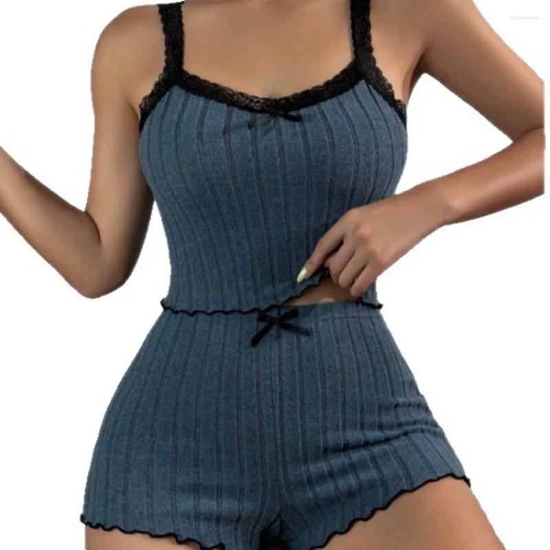 Women Summer Strappy Cutout Bow Lace Underwire Retro High Waist Camisole Pajamas Tight Fitting Thin Home Vest Shorts Set