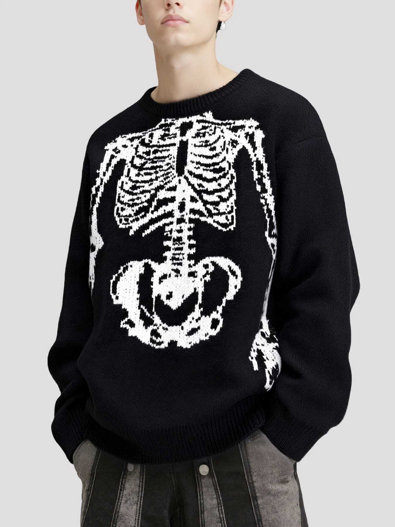 New in Men's Skull Pattern Round Neck Sweater Retro Loose Lazy Style Long Sleeve Knitted Sweater Trendy Brand Street Hoodie Top S260921Y1GY