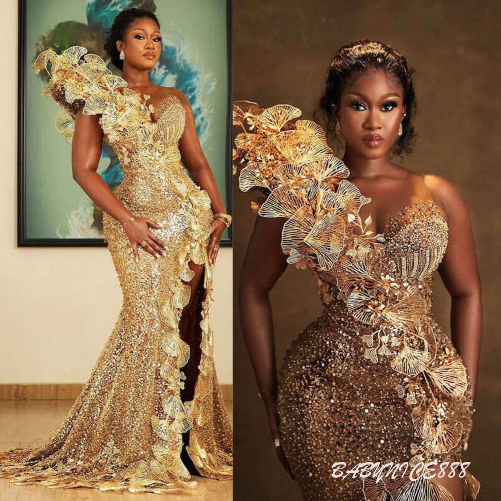 2026 Gold Plus Size Aso Ebi Prom Dresses For Black Women Evening Sequined Lace Mermaid Sexy Side Split Birthday Party Dress Reception Engagement Gow